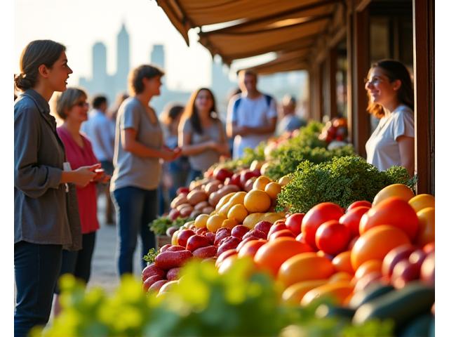 A bustling Charlotte, NC farmers market showing fresh, vibrant local produce and happy shoppers, emphasizing community and access to wellness foods.